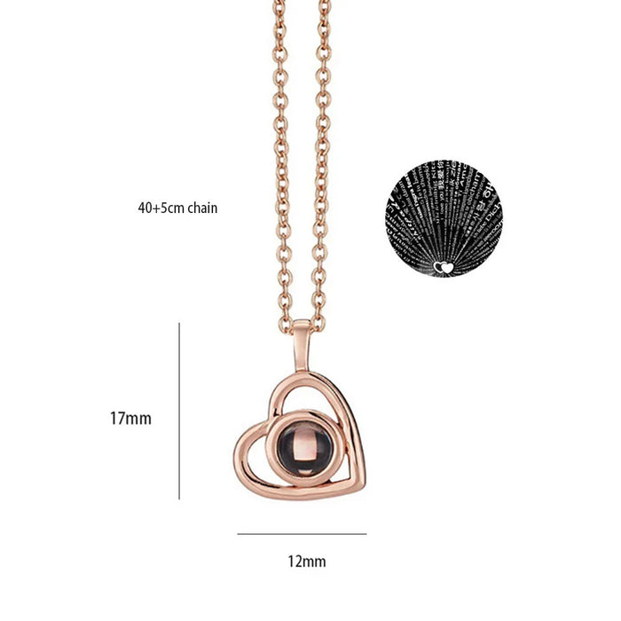 I Love You in 100 Languages Projection Necklace Pendant With Heart Shape In Rose Gold On Sale