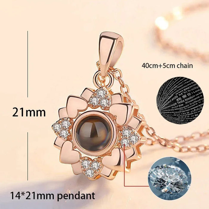 I Love You in 100 Languages Projection Necklace Pendant With Sunflower Design In Silver On Sale