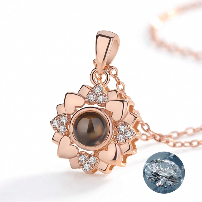 I Love You in 100 Languages Projection Necklace Pendant With Sunflower Heart Design In Rose Gold On Sale