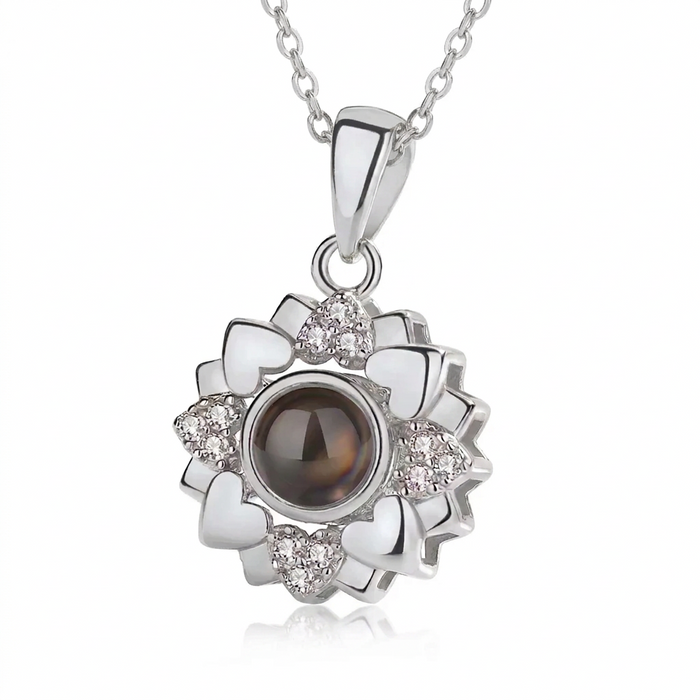 I Love You in 100 Languages Projection Necklace Pendant With Sunflower Heart Design In Silver On Sale