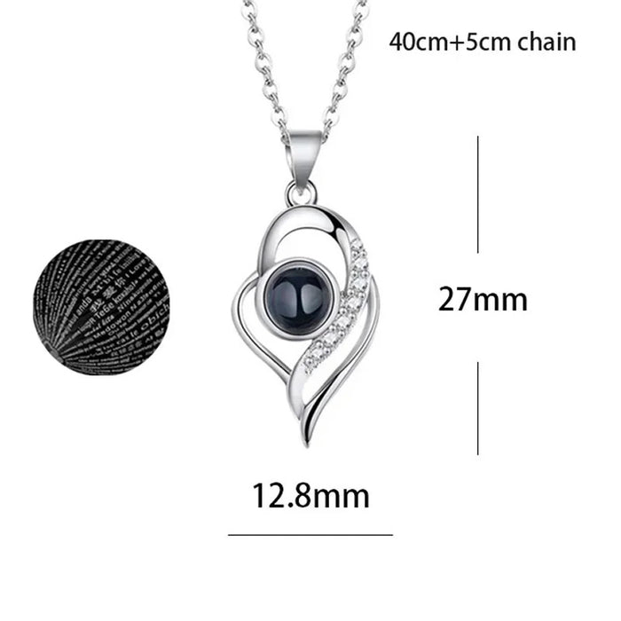 I Love You in 100 Languages Projection Necklace Pendant In Heart Spiral Drop In Rose Gold On Sale
