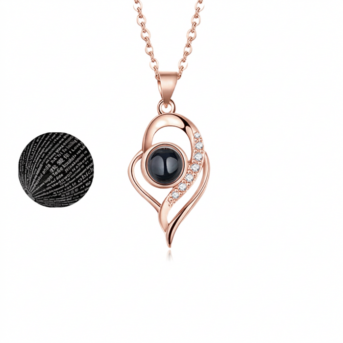 I Love You in 100 Languages Projection Necklace Pendant In Heart Spiral Drop In Rose Gold On Sale