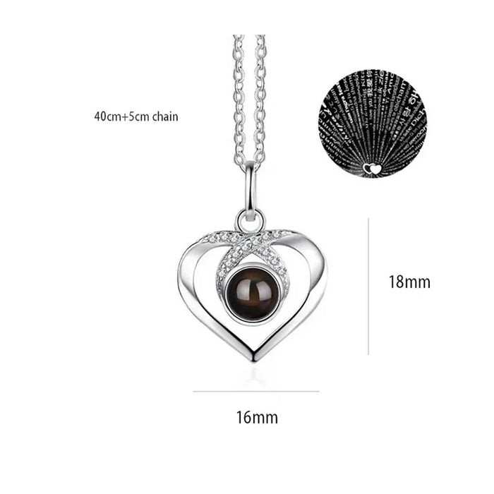 I Love You in 100 Languages Projection Necklace Pendant With Heart Shape Design In Silver On Sale