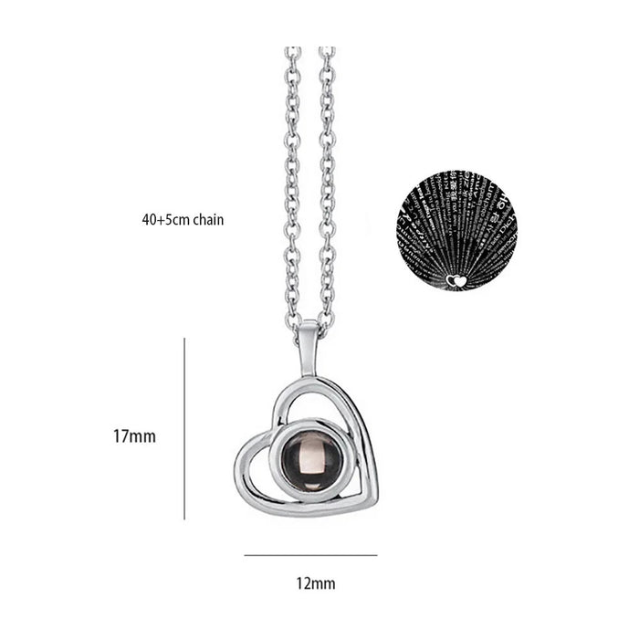 I Love You in 100 Languages Projection Necklace Pendant With Heart Shape In Silver On Sale