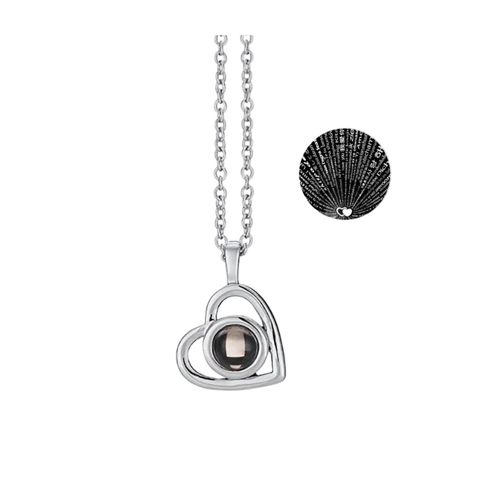 I Love You in 100 Languages Projection Necklace Pendant With Heart Shape Design In Silver On Sale