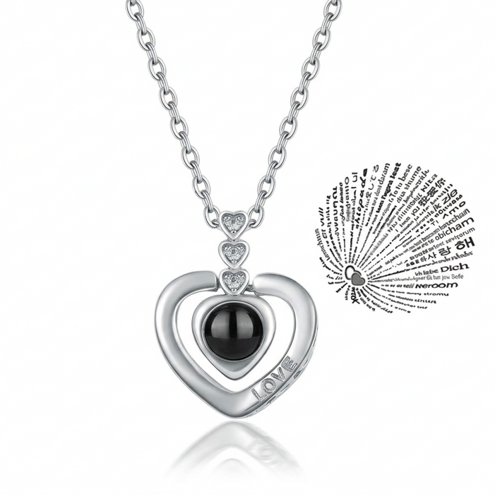 I Love You in 100 Languages Projection Necklace Pendant With Heart Shape Design In Silver On Sale