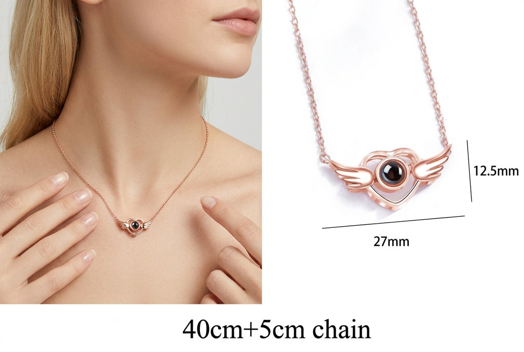 I Love You in 100 Languages Projection Necklace Pendant With Heart Angel Wings Design In Silver On Sale