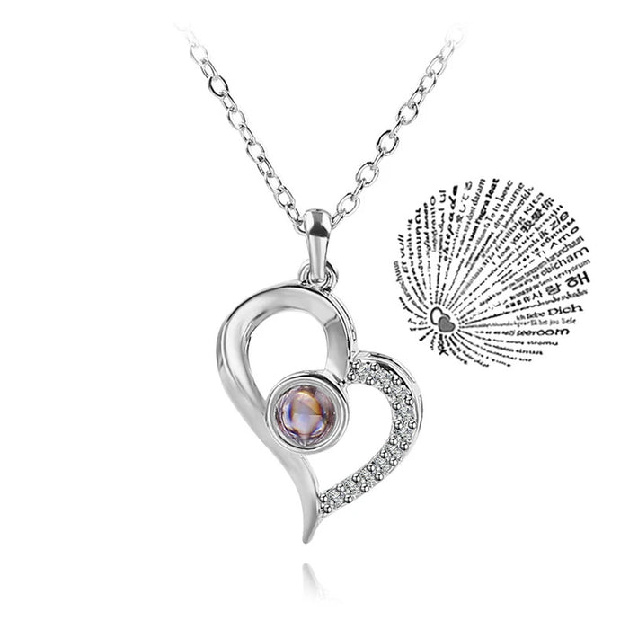I Love You in 100 Languages Projection Necklace Pendant In Heart Shape In Silver On Sale