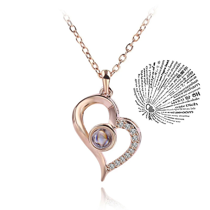 I Love You in 100 Languages Projection Necklace Pendant In Heart Shape In Rose Gold On Sale