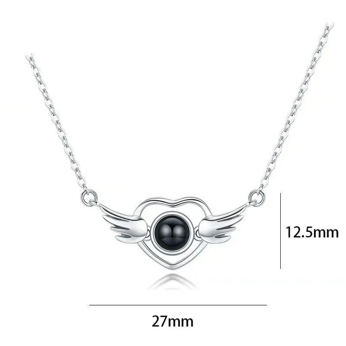 I Love You in 100 Languages Projection Necklace Pendant With Heart Angel Wings Design In Silver On Sale