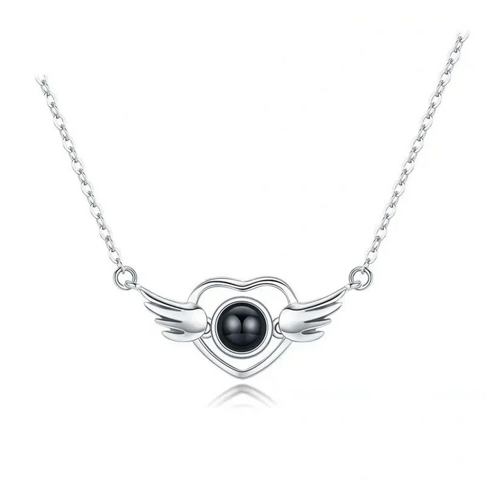 I Love You in 100 Languages Projection Necklace Pendant With Heart Angel Wings Design in Silver On Sale