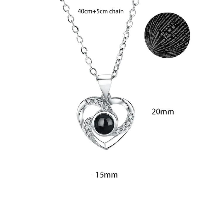 I Love You in 100 Languages Projection Necklace Pendant With Heart Shape Design In Silver On Sale