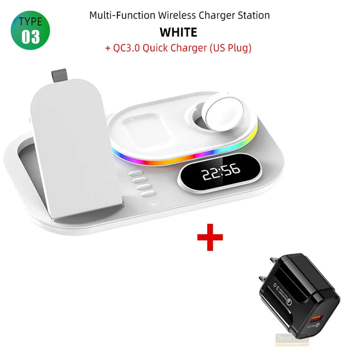 4 in 1 Wireless Fast Qi Charging Dock Station With LED Night Light And Time Display On Sale