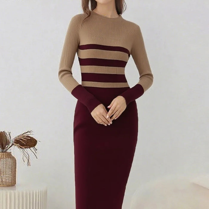 Red Striped Long Knit Bodycon Dress On Sale