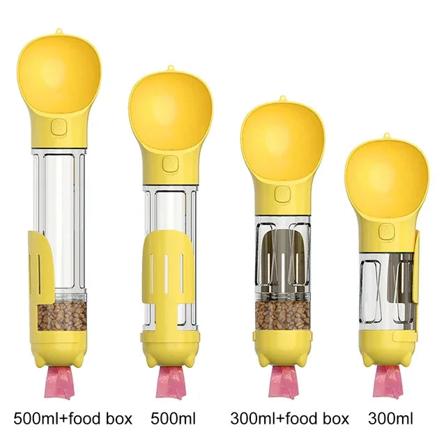 4-In-1 Multifunctional 300MLYellow Pet Water Bottle With Food Feeder, Waste Bag, And Poop Shovel On Sale