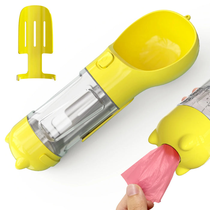 4-In-1 Multifunctional Yellow Pet Water Bottle With Food Feeder, Waste Bag, And Poop Shovel On Sale