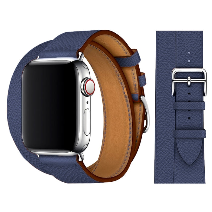Double Tour Lychee Blue Genuine Cow Leather Loop Apple Watch Band For iWatch On Sale