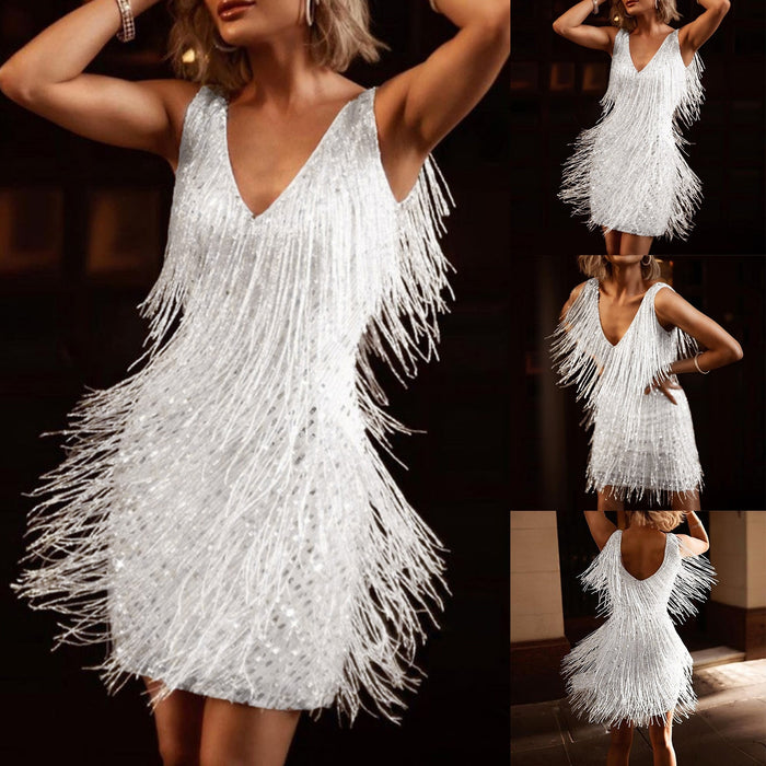 White Sequin Tassel Fringe Mini Dress