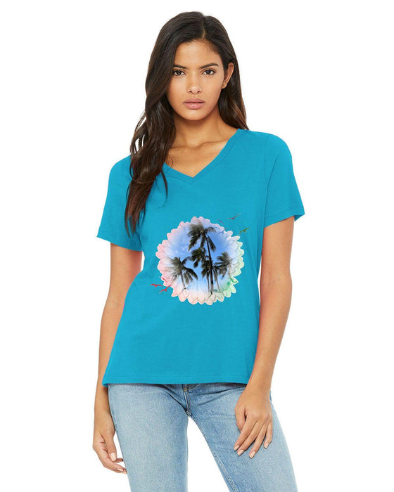 Palm Tree In Warm Day Ladies Relaxed Jersey V-Neck T-Shirt On Sale