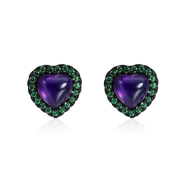 925 Sterling Silver Amethyst Purple Heart With Nano Emerald Green Side Stones Stud Earrings On Sale