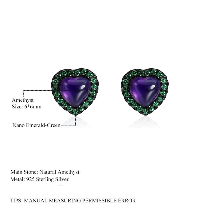 925 Sterling Silver Amethyst Purple Heart With Nano Emerald Green Side Stones Stud Earrings On Sale