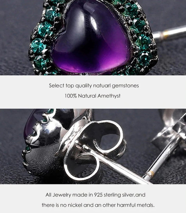 925 Sterling Silver Amethyst Purple Heart With Nano Emerald Green Side Stones Stud Earrings On Sale