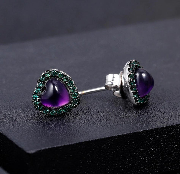 925 Sterling Silver Amethyst Purple Heart With Nano Emerald Green Side Stones Stud Earrings On Sale