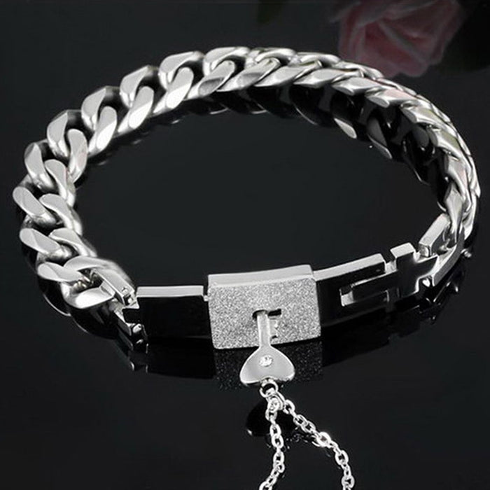 Silver Concentric interlocking Chain And Link Titanium Couple Bracelet On Sale