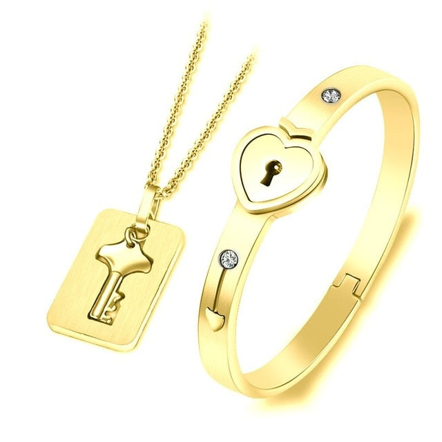 Beautiful Golden Concentric Lock Key Couple Bracelet and Necklace Set On Sale