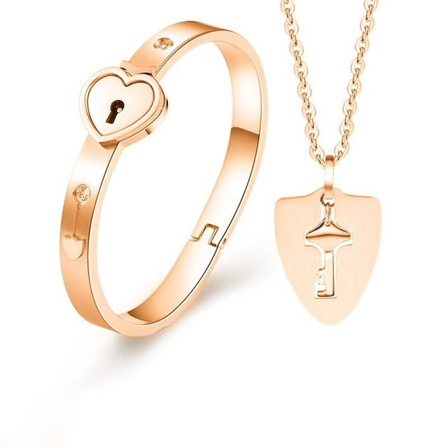 Best Concentric Lock Key Couple Bracelet and Necklace Set On Sale