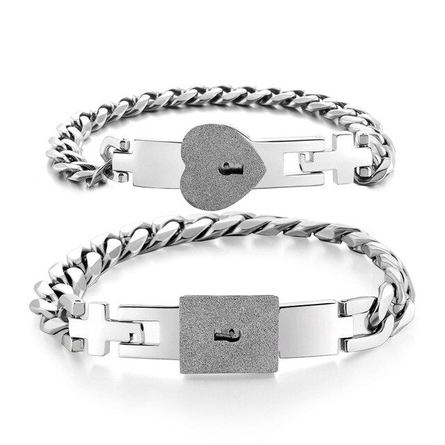 1 Pair Heart and Square Concentric Lock Key Titanium Steel Couple Chain Bracelet On Sale (Silver)