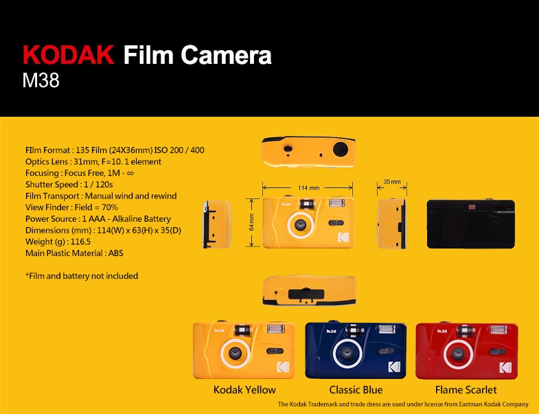 KODAK Vintage Retro M38 Reusable Film Camera (Black/ White/ Purple/ Grapefruit/ Yellow / Red/ Blue)
