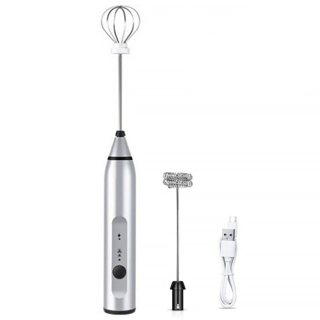 Rechargeable 3-Speed Milk Frother Whisk (Silver, Black, White, Pink) On Sale