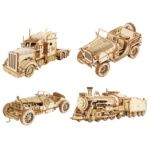 American Semi Truck, Army Jeep, Grand Prix Car, Steam Train Juegos de rompecabezas