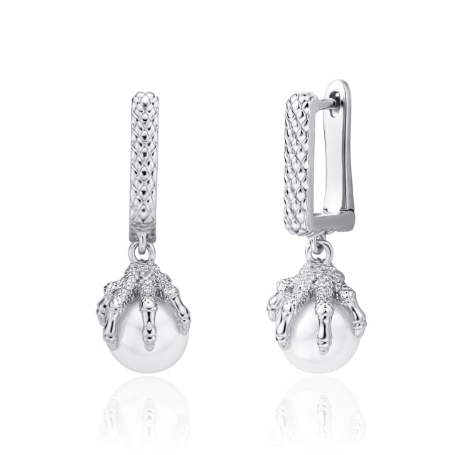 SALE Silver Dragon Claw Pearl Earrings