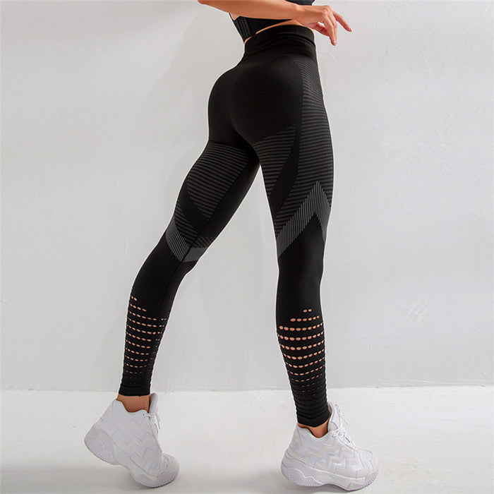 Black High Waisted Push-Up Hollow Printed Fitness Leggings On Sale