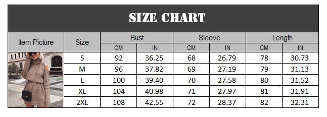 Off Shoulder Turtleneck Sweater Dress - Size Chart