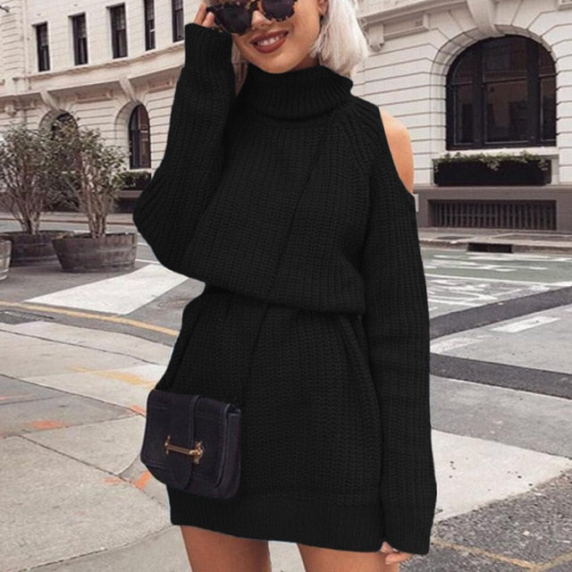 Black Off Shoulder Turtleneck Sweater Dress On Sale