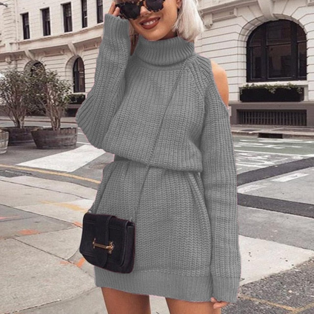 Gray Off Shoulder Turtleneck Sweater Dress On Sale