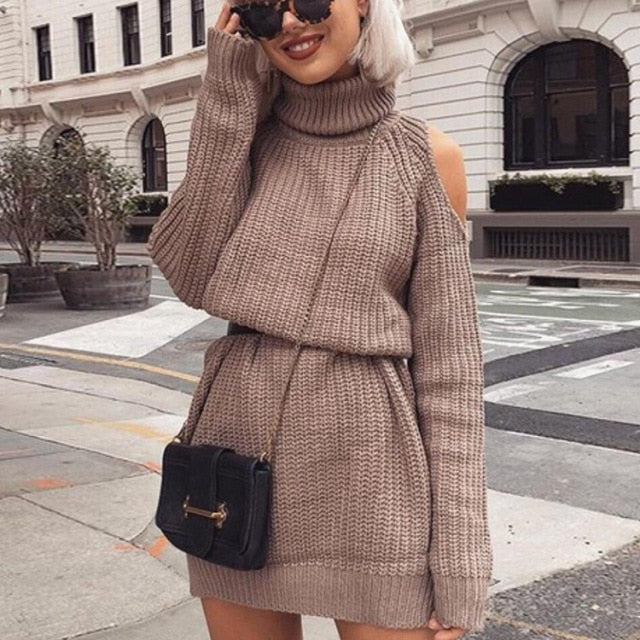 Brown Off Shoulder Turtleneck Sweater Dress On Sale