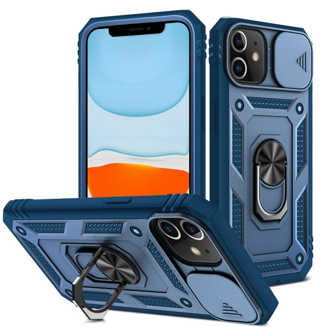 Blue iPhone 12, 13, Mini Pro ProMax Case with Kickstand and Camera Cover