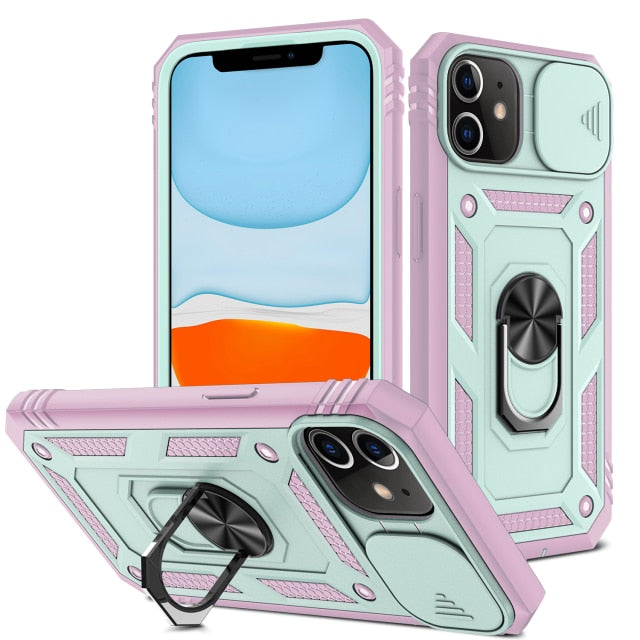 Purple Green Stylish iPhone 12, 13, Mini Pro ProMax Case with Kickstand and Camera Cover