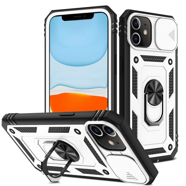 White iPhone 12, 13, Mini Pro ProMax Case with Kickstand and Camera Cover On Sale
