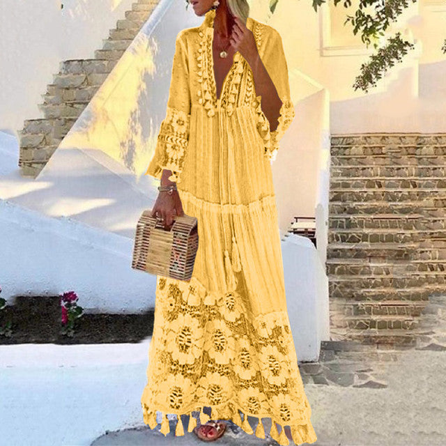 Yellow Bohemian Maxi Lace Dress On Sale