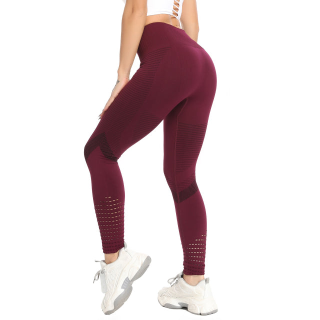 Wine Red High Waisted Push-Up Hollow Printed Fitness Leggings On Sale