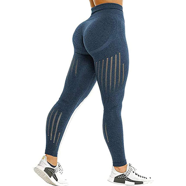 Navy Blue High Waisted Push-Up Hollow Printed Fitness Leggings On Sale