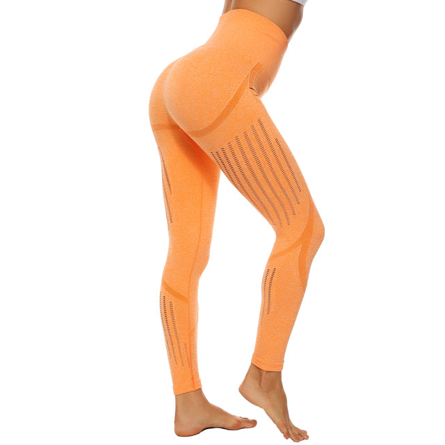 Mango Yellow High Waisted Push-Up Hollow Printed Fitness Leggings On Sale
