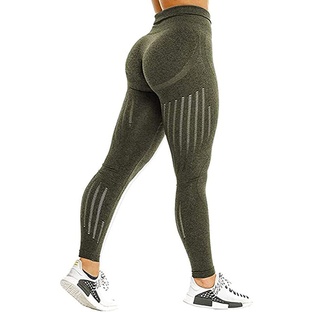 Dark Green High Waisted Push-Up Hollow Printed Fitness Leggings On Sale