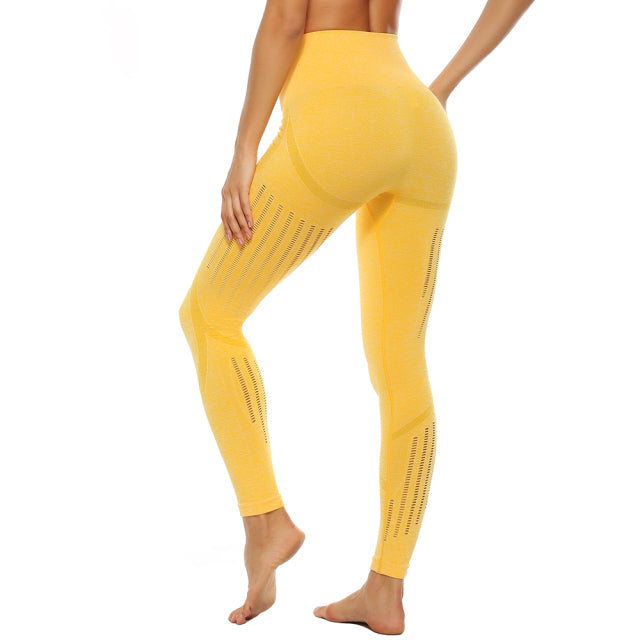 Yellow High Waisted Push-Up Hollow Printed Fitness Leggings On Sale