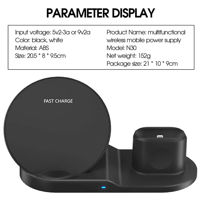 3 in 1 Black Fast Wireless Charging Dock for Android Phones & iPhones, Apple Watches, and Airpods